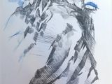 un dessin représentant un château au sommet d'une montagne