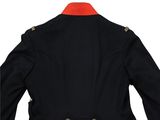 a close up of a black jacket with red collar and buttons