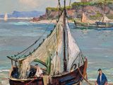 a painting of a boat on the beach by the water