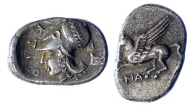 two ancient silver coins with a dragon and a horse on them