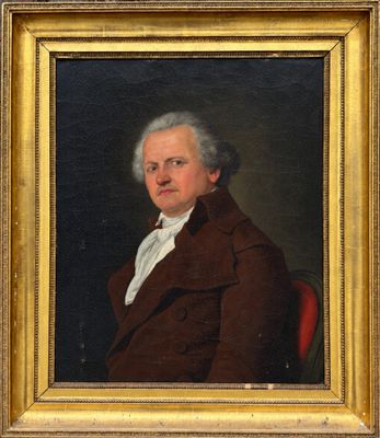 un vieux tableau représentant un homme vêtu d'un manteau marron et d'une chemise blanche