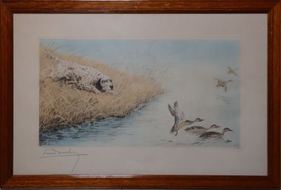 aquarelle encadrée représentant un chien et des canards dans un marais