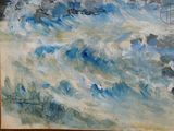 un tableau représentant un bateau dans l'eau, sur l'eau