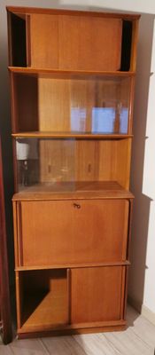 a tall wooden bookcase with a glass door in the corner of the room