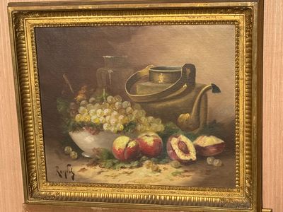 a painting of a still life with fruit and a teapot