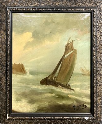 Ecole de la fin du XIXème siècle. Voilier en mer agitée. Hui…