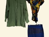 a green shirt, a blue skirt, and a green shirt