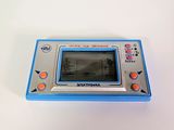 a blue and white electronic game on a white table