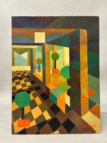 Paul MARQUET (XXe) « Perspectives ». Huile sur carton. Signé en b