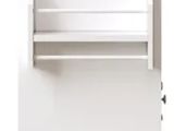 the white cabinet has a wooden top and a drawer underneath it