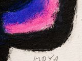 an abstract painting of a colorful bird on a white surface