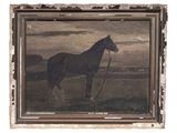 painting of a horse in a field with sheep in the background