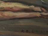 an oil painting of a person laying on a bed with a knife in their hand