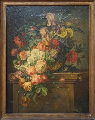 an oil painting of flowers in a vase on a table
