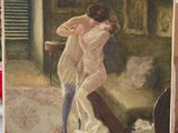 un tableau représentant une femme debout devant un lit