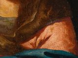 an oil painting of a man with long hair wearing a blue robe