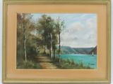 an image of a painting of a lake with trees and a boat in the water