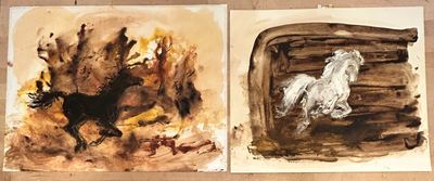 two paintings of horses running in the woods
