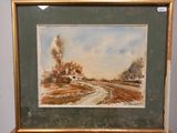 an image of a painting of a country road with a house in the distance