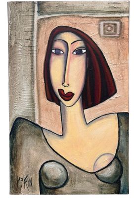 a painting of a woman with red hair and a black dress