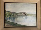 tableau représentant une maison au bord d'un lac, avec un bateau dans l'eau