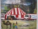 peinture d'un chapiteau de cirque avec des personnes et un chameau devant le chapiteau