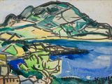 peinture représentant une vue de montagne avec un plan d'eau au premier plan