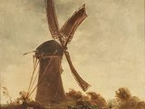 painting of a windmill in a field with a person on a horse