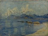 an image of a painting of a body of water with mountains in the background