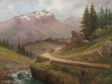 a painting of a mountain scene with a stream