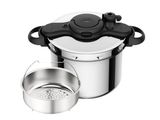 a close up of a stainless steel pot and strainer on a white background