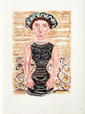 tableau représentant une femme vêtue d'une robe noire et d'un chapeau bleu