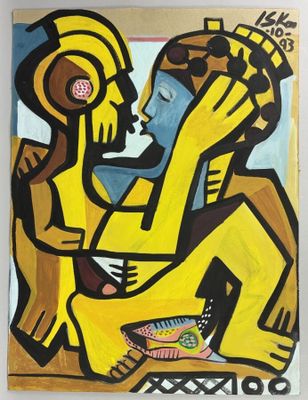 a painting of a man and a woman sitting next to each other