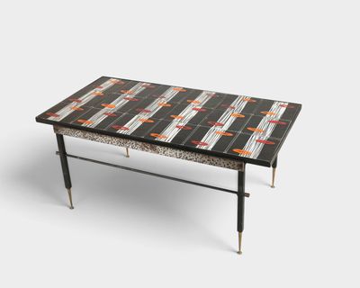 an image of a coffee table with a tile top and metal legs
