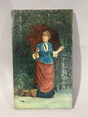 a painting of a woman holding an umbrella in a garden