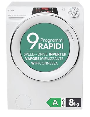 un gros plan sur une machine à laver blanche dotée d'un bouton vert