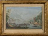 painting of a river scene with boats in the foreground and a mountain in the background