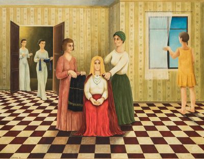 un tableau représentant trois femmes dans une pièce avec un miroir