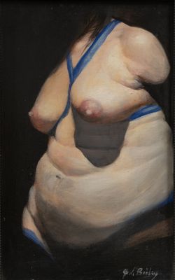 une peinture à l'huile représentant une femme corpulente avec une ceinture bleue autour de la taille