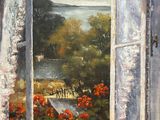 peinture d'une fenêtre ouverte avec vue sur un lac et des fleurs