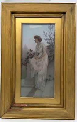 tableau représentant une femme en robe blanche assise sur un rebord