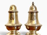 pair of antique brass salt and pepper shakers on white background