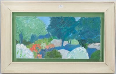 une peinture à l'huile représentant un paysage avec des arbres et des fleurs, dans un cadre blanc