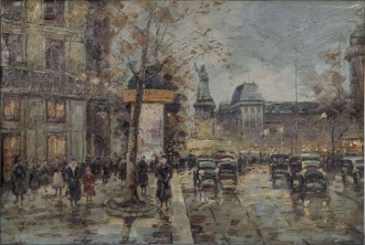 une peinture d'une rue de la ville avec des gens qui marchent dessus