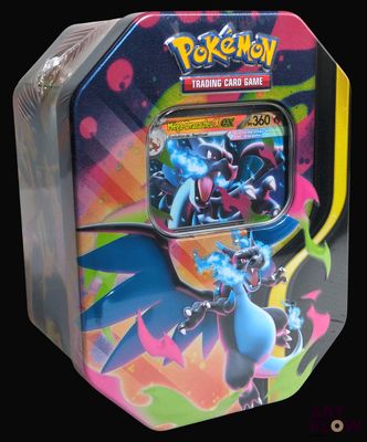 pokemon trading card game in a tin container on a black background