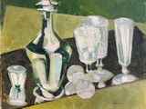 a painting of a glass and a bottle on a table