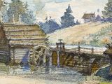 une aquarelle représentant un village avec une roue à eau au premier plan
