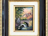 un tableau représentant un pont enjambant une rivière, avec une maison en arrière-plan