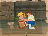 cartoon of a man and a little girl sitting on a porch