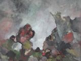 an oil painting of a man sitting on top of a pile of rocks